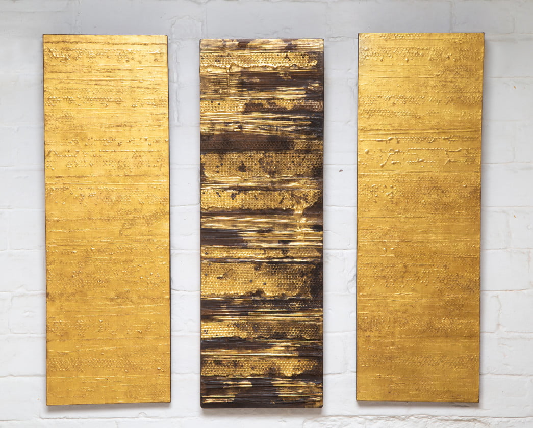 Honey Comb Lace Triptych ( large) - incised and raised gesso, wax, clay pigment, water gilded 23.5ct 23cm x 69cm - Sally Alexander