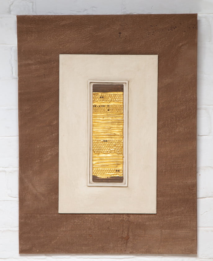 Honey Comb Lace Triptych (small) - wax, inclusions, clay pigment, water gilded 23.5ct 42cm x 25cm - Sally Alexander