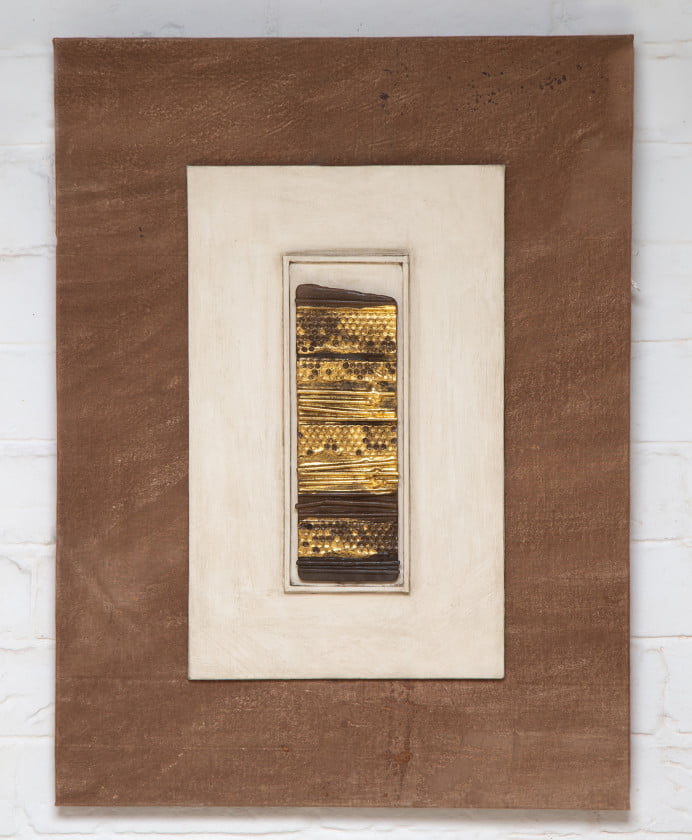 Honey Comb Lace Triptych (small) - wax, inclusions, clay pigment, water gilded 23.5ct 42cm x 25cm - Sally Alexander