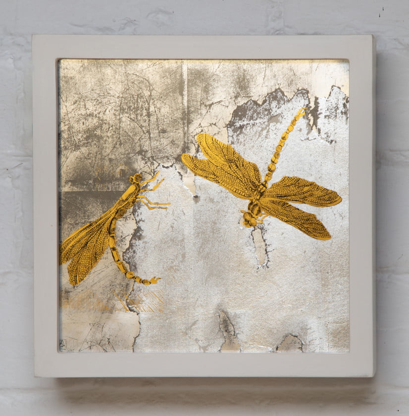 Dragonfly Tile - glass gilding, hand made gilded paper 22cm x 22cm - Sally Alexander