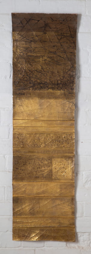 Bee Cloth - pleated stitched cloth, cracked gesso, raised gesso, printed motif, water gilded and toned. 33cm x 115cm - Sally Alexander