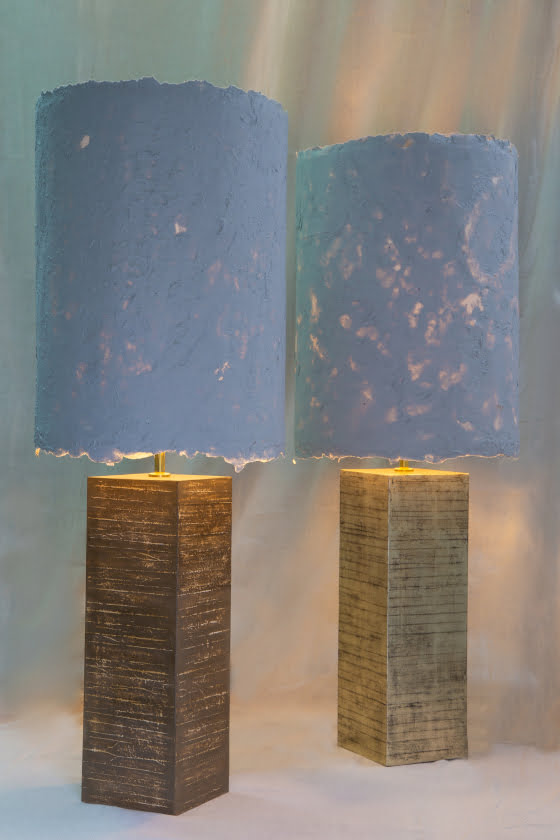 Lamps untitled - cracked gesso cloth, white gold, toned, cracked gesso, clay pigment 38cm x 13cm - Lamp Shades recycled paper pulp with double deckle edge height 42cm - Sally Alexander