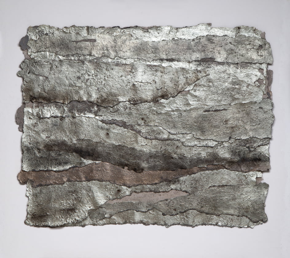 Wasp’s Nest (large) - layered hand made paper, gesso, white, moon gold, scorched 74cm x 81cm - Sally Alexander